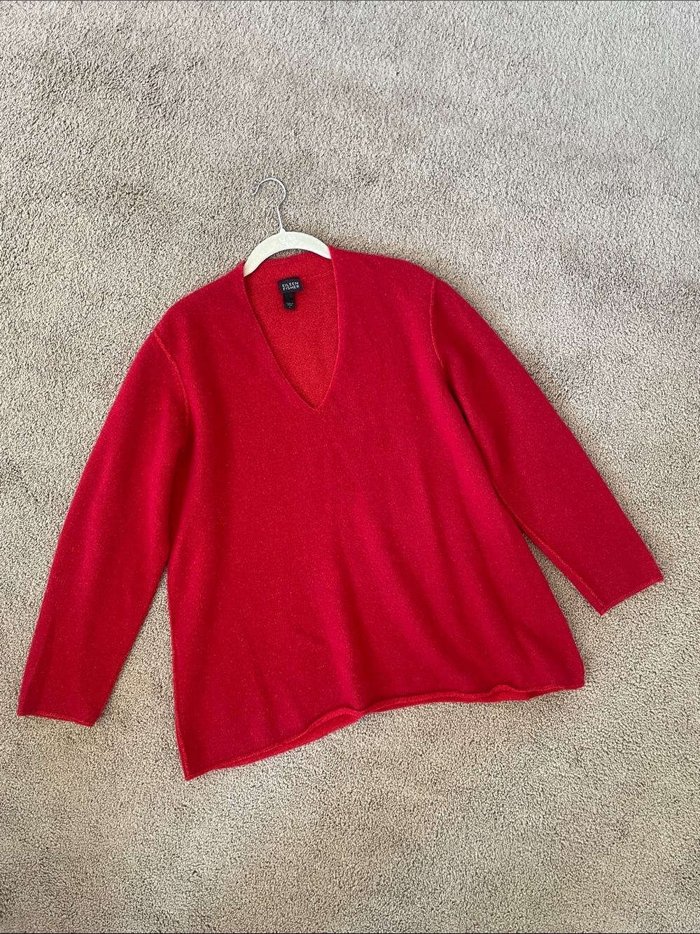Eileen Fisher 100% Cashmere Red V-Neck Knit Sweater L Minimalist Quiet Luxury